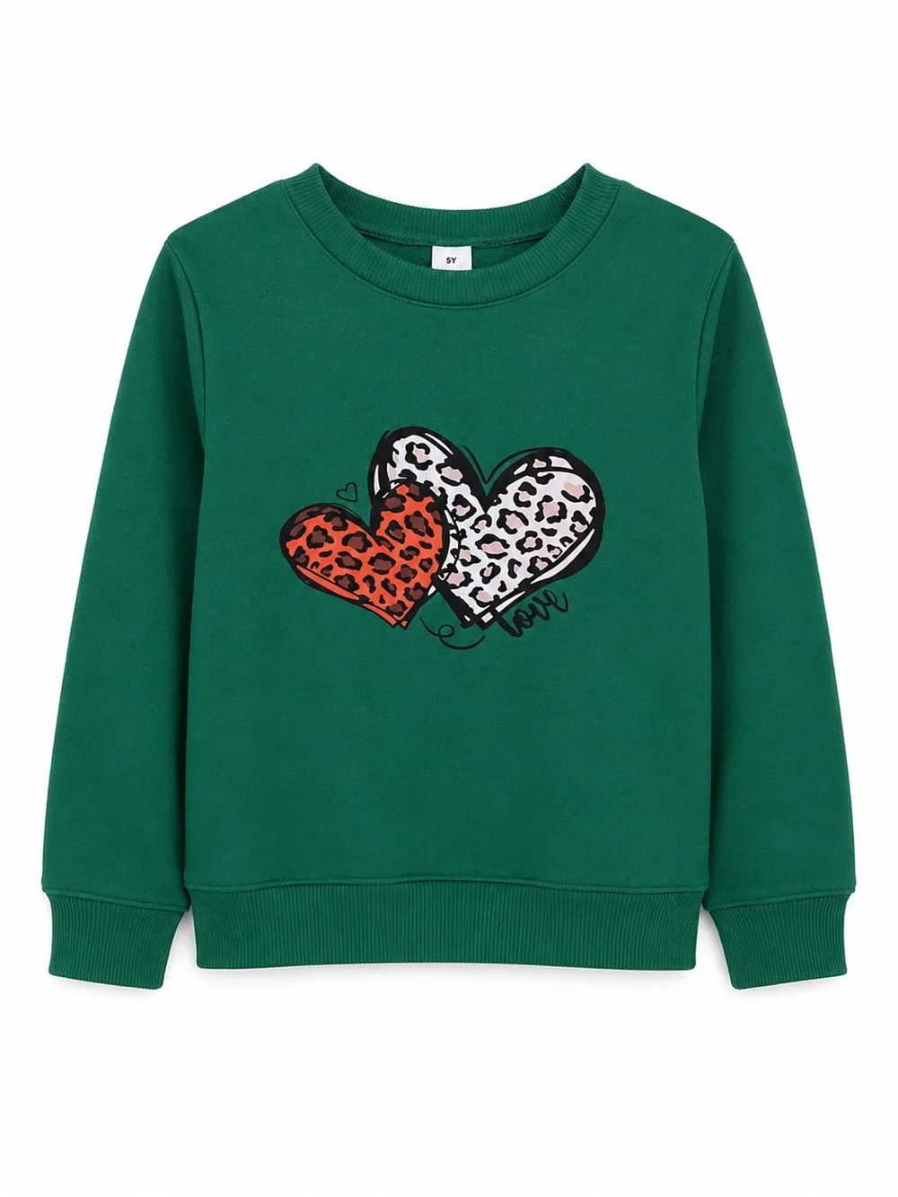 Girls Green Leopard Heart Sweatshirt Size 5Y Long Sleeve Pullover